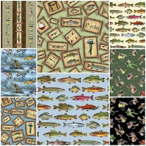 May include: A collection of fabric swatches featuring various fishing-themed patterns, including illustrations of diverse fish species, colorful lures, bobbers, canoes, and fishing flies arranged on light green, blue, dark green, and black backgrounds.