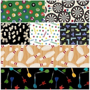 男の隠れ家、ビリヤード、ドミノ、サイコロ、ゲーム、ツイスター、テトリス、ダーツボード、ビリヤードボール、ボウリング。100%コットン生地！7種類