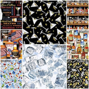 Top Shelf Drinks Cocktails Bourbon Martinis 100% Cotton Fabric by Kanvas Studio! 8 Styles