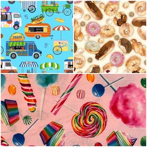 Fair Food HotDogs Ice Cream Donuts Taco Coffee 100% Cotton Fabrics for Quilting! 3 Styles