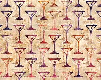 May include: A seamless pattern of vintage-style martini glasses on a textured beige background. The glasses are in shades of red, purple, and blue.