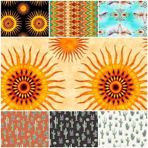 Puede incluir: Un collage de nueve patrones diferentes con diseños del suroeste. Los patrones incluyen soles, cactus y diseños geométricos en tonos de naranja, amarillo, verde, azul y marrón.