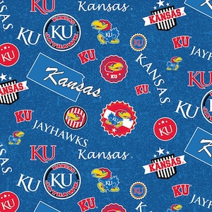 NCAA University of Kansas Red & Blue College 100% Cotton Fabric by Sykel! Rock Chalk Jayhawk! 4 Styles