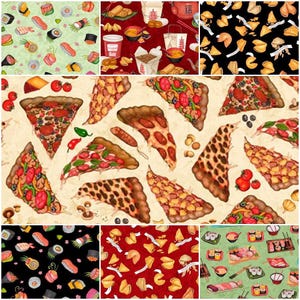 Food Order Up Pizza, Chinese Takeout, Sushi, Fortune Cookies, Sashimi, and Nigiri Platter 100% Cotton Fabrics!