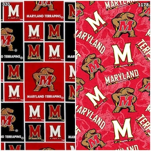 NCAA Maryland Terrapins Red, Black College Logo 100% Cotton Fabric! 2 Styles