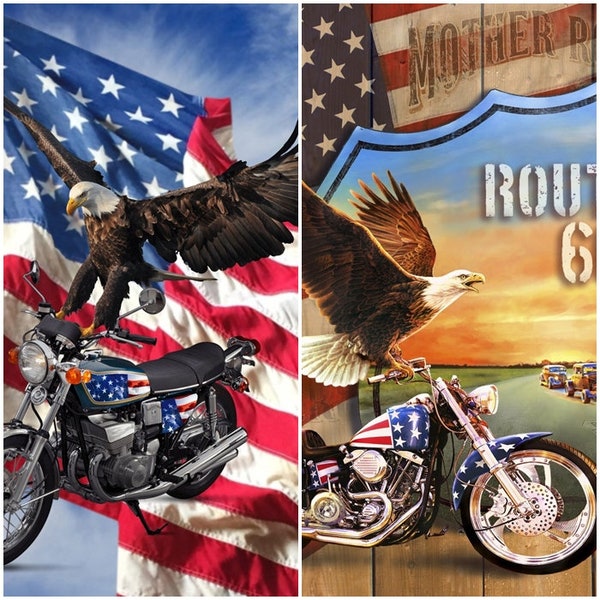 Eagle on Patriotic Motorcycle QOV Bikers & Route 66 100% Cotton Fabric 36" Panel by David Textiles! 2 Styles