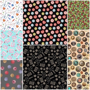 Sew Lovely Sewing Motifs Buttons Thimbles Thread Pins Machines Notions 100% Cotton Fabrics for Quilting by QT! 8 Styles