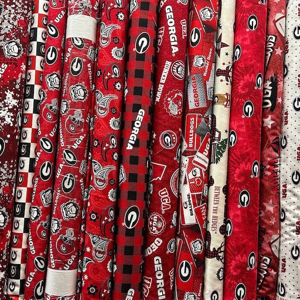 NCAA University of Georgia Bulldogs Red & Black College Logo, 100% Cotton Fabric by Sykel! 13 Styles