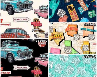 Get Your Kicks Route 66 Maps, Travel, Cars & Icons Black 100% Cotton Fabric! 5 Styles