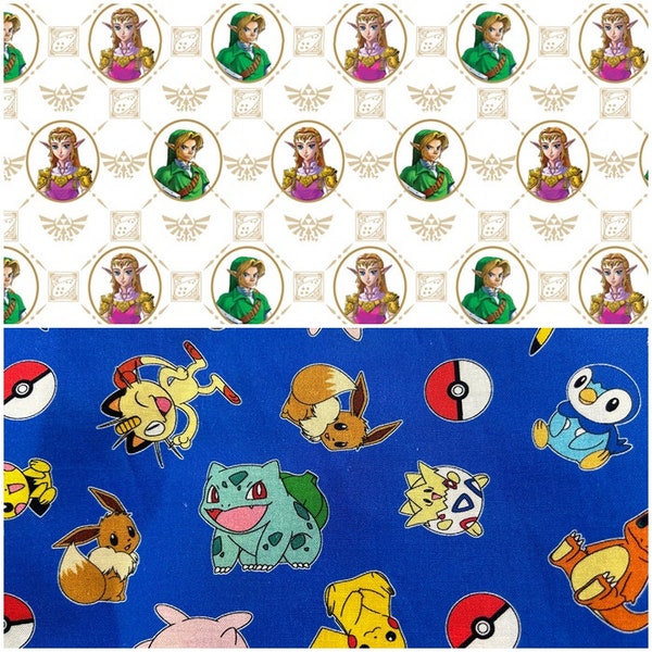 Ocarina of Time Link and Zelda or Pokémon Video Game Character Toss 100% Cotton Fabrics! 2 Styles