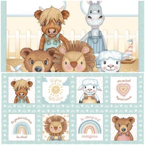 May include: A fabric panel featuring cartoon animal characters, including a Highland cow, bear, lion, lamb, and donkey. Below are smaller squares with similar animal illustrations and inspirational phrases like "Let your light shine" and "You are loved beyond measure."