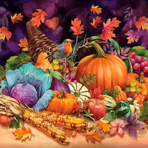 Cornucopia Harvest 31024-X Fall Autumn Leaves, Pumpkins, Corn, Veggies 100% Cotton Fabric 36&quot; Panels by QT!
