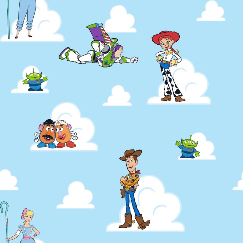 Disney's Toy Story Buzz, Woody, Jessie, Rex, Bullseye 100% Cotton Fabric by Camelot 5 Styles 77696 BLUE SKETCH