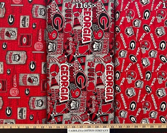 NCAA University of Georgia Bulldogs Red & Black College Logo, 100% Cotton Fabric by Sykel! 13 Styles