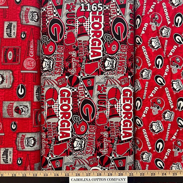 NCAA University of Georgia Bulldogs Red & Black College Logo, 100% Cotton Fabric by Sykel! 13 Styles
