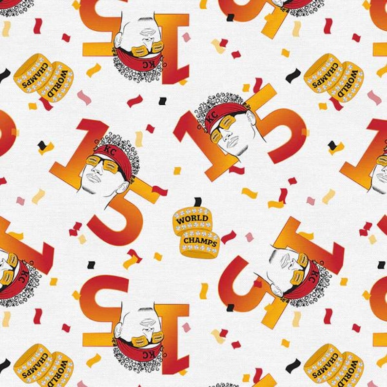 K&ouml;nnte beinhalten: Ein sich wiederholendes Muster auf wei&szlig;em Hintergrund mit der Zahl "15" in Orange und Rot, zusammen mit Illustrationen einer Person mit Sonnenbrille und rotem Stirnband. Goldene "World Champs" Armb&auml;nder und Konfetti vervollst&auml;ndigen das Design.