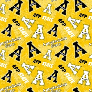 May include: A repeating pattern featuring the Appalachian State University logo. The design includes the letter "A" in black and white, along with the words "APP STATE" and "Appalachian State" in white on a yellow background.