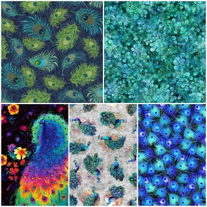 Bright Colors Rainbow Peacock Feathers 100% Cotton Fabrics! 5 Styles