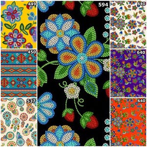 May include: A selection of patterned fabrics with diverse designs. The patterns include floral, geometric, and nature-themed elements. The colour scheme incorporates bright shades such as yellow, blue, red, and green. Some designs have a beaded look, while others feature detailed illustrations.