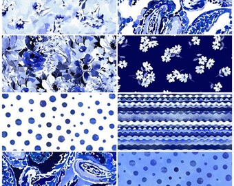 Blossoms of Blue Watercolor Flowers, Paisley, RicRac, Dots, Navy Blue White 100% Cotton Fabric Group by QT! 8 Styles