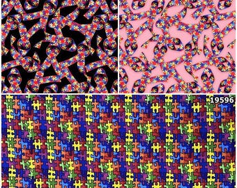 Nastri per la consapevolezza dell'autismo con pezzi di puzzle, tessuti in cotone al 100% per quilting! 3 stili