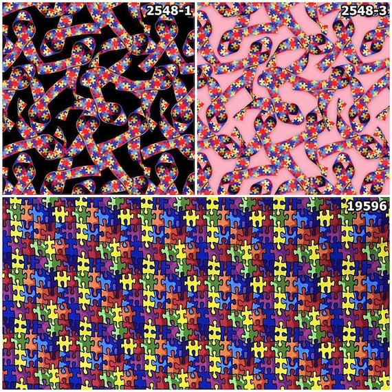 Puzzle Pieces Autism Awareness Ribbons 100% Cotton Fabrics for Quilting! 3 Styles