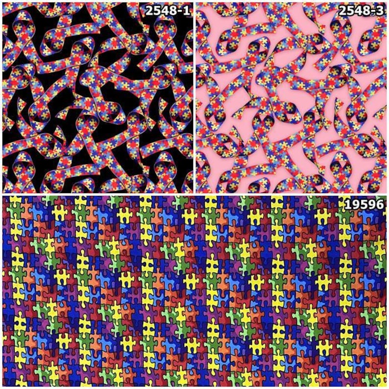 Puzzle Pieces Autism Awareness Ribbons 100% Cotton Fabrics for Quilting! 3 Styles image 1