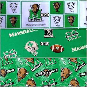 NCAA Marshall University Kelly Green & White Thundering Herd College Logo Cotton Fabric! We are Marshall