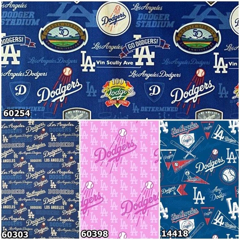 MLB Logo Los Angeles Dodgers Blue & White 100% Cotton Fabric by Fabric Traditions 7 Styles 14418 PENNANTS | 60"