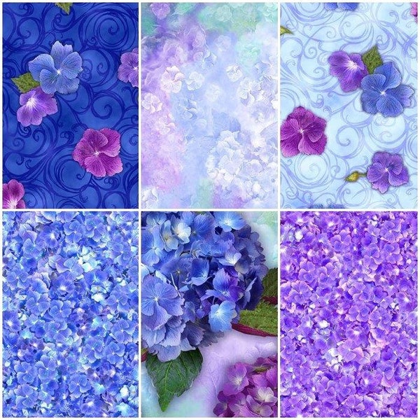 Hydrangea Blooms, Flowers, Spring, Purples and Blues 100% Cotton Fabric by Quilting Treasures! 6 Styles