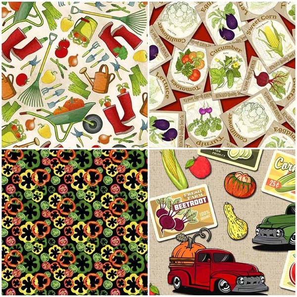 Summer Bounty, Gardening, Vegetables, Farm Truck 100% Cotton Fabric by QT Fabrics! 4 Styles!