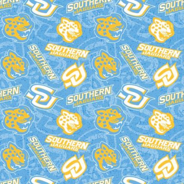 NCAA Southern University and A&M College Baton Rouge, LA Jaguars Light Blue and Gold 1178 College Logo 100% Cotton Fabric!