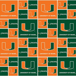 May include: A repeating pattern featuring the University of Miami logo. The design alternates between orange and green squares, each displaying the letter "U" in orange or green, along with the text "UNIVERSITY OF MIAMI" and "miami".