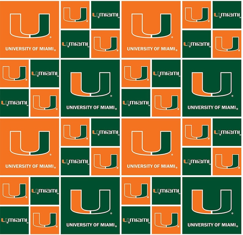 May include: A repeating pattern featuring the University of Miami logo. The design alternates between orange and green squares, each displaying the letter "U" in orange or green, along with the text "UNIVERSITY OF MIAMI" and "miami".