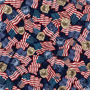 May include: A fabric pattern featuring a dark blue background with repeating American flags, shield-shaped emblems with eagle motifs, and circular badges displaying the number 76. The design includes wavy red, white, and blue flag elements.