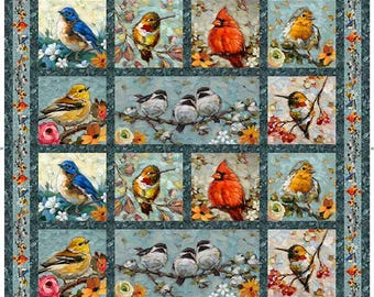Radosne ptaki ogrodowe: kardynały, sikory, zięby, rudziki, modraszki 31863-X Ptaki, panele 37" 100% bawełniana tkanina firmy QT!