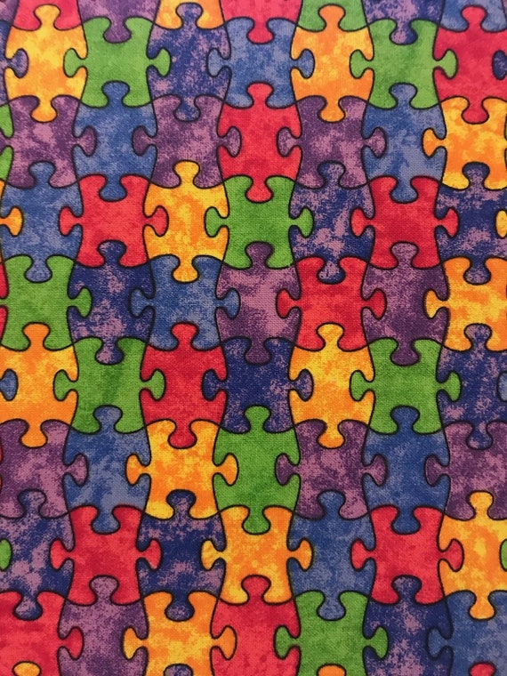 Cotton Puzzle Piece Autism Awareness Multi-Colored Cotton Fabric Print by Yard C1653