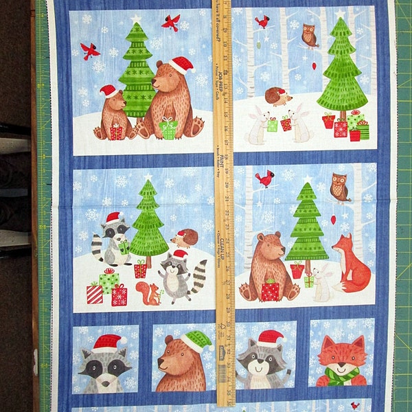 Bear-ly Christmas Winter Animals Bears, Raccoons, Rabbit, Owls, Foxes with Santa Hats 100% Cotton Fabric 24" Panel by Northcott! ON SALE