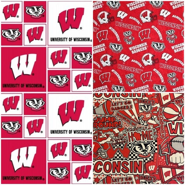 NCAA University of Wisconsin Badgers Red & White 100% College Logo Cotton Fabric! 3 Styles