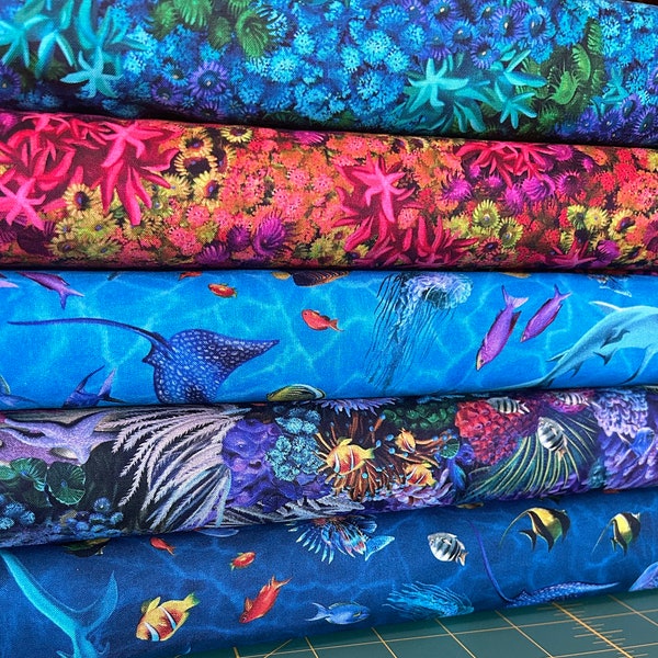 Treasures at Sea Ocean Animals, Shark, Octopus, Sea Turtles, Fish and Coral Reef 100% Cotton Fabrics by QT! 5 Styles