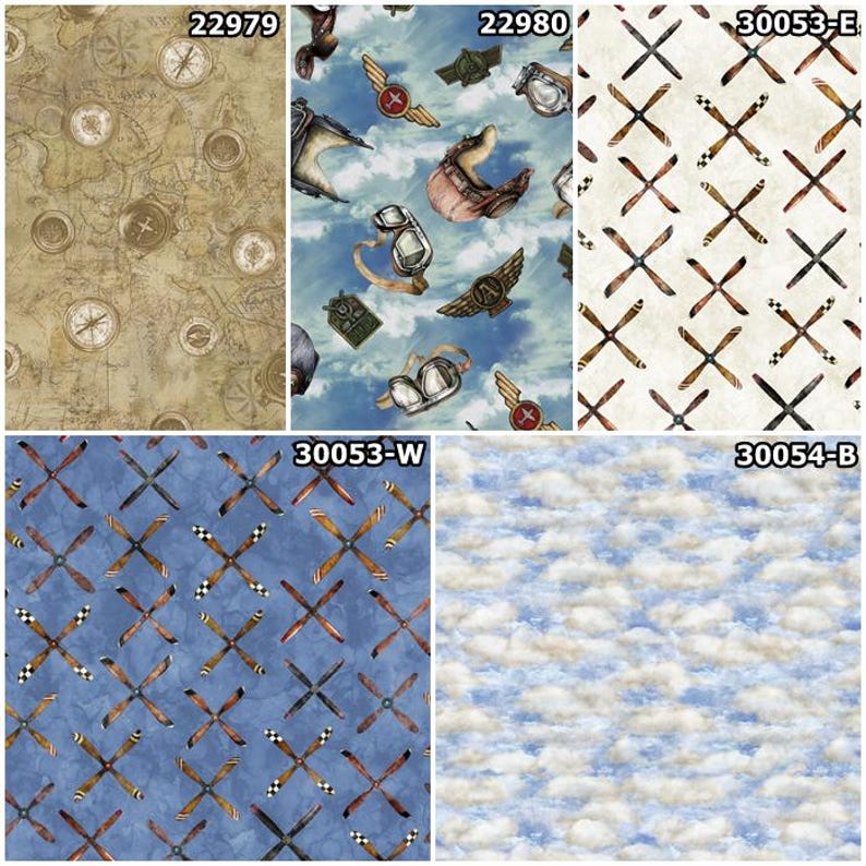 First in Flight Airplanes, Vintage planes, Aviation Gear, compass 100% Cotton Fabric! 5 Styles 30054-B SKY