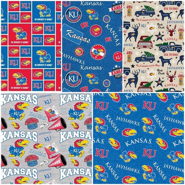 NCAA University of Kansas Red & Blue College 100% Cotton Fabric by Sykel! Rock Chalk Jayhawk! 5 Styles