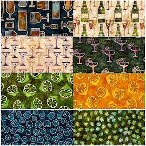 Cocktail Hour, Drinks, Martinis, Margaritas, Champagne, Garnish 100% Cotton Fabric by QT Fabrics!