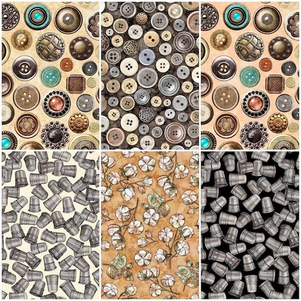 Sew Lovely Sewing Motifs Buttons Thimbles Thread Pins Machines Notions 100% Cotton Fabrics for Quilting by QT! 6 Styles