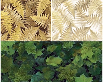 屋外風景、自然、シダの葉、植物、葉っぱの庭を描いた、QT Fabrics社製の綿100％生地！3種類！