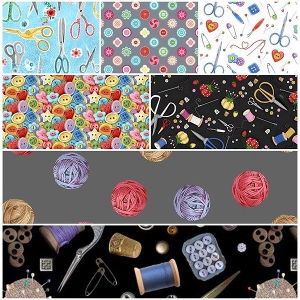 Sewing Motifs, Knitting, Scissors, Buttons, Thread, Safety Pins, Notions 100% Cotton Fabric! 7 Styles