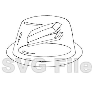 May include: A black and white line drawing of a stapler inside a clear dome. The dome is sitting on a plate.