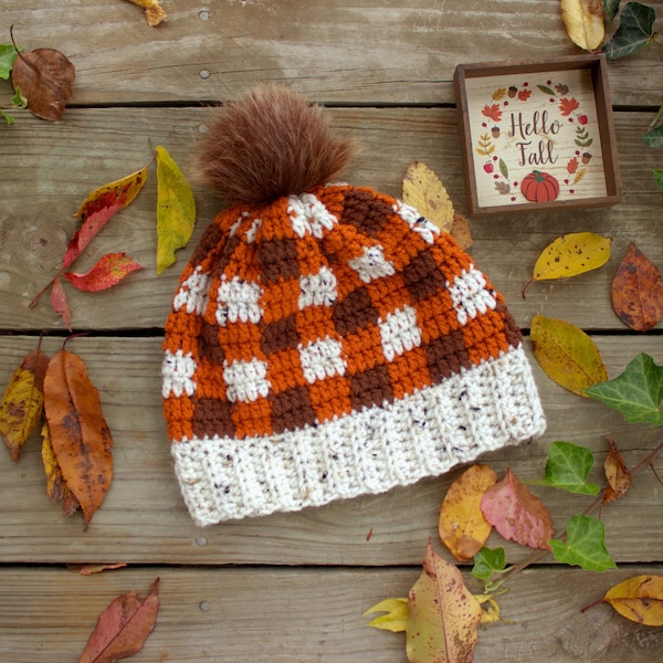 Fall Plaid Hat, Plaid Fall Hat, Plaid Autumn Hat, Plaid Autumn Beanie, Autumn Plaid Hat, Fall Checkered Hat, Orange Plaid Hat