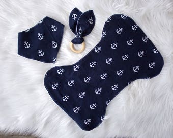 Nautical Personalized Name Boy Nautical Anchor Burp and Bib Set Seersucker Navy Blue and White Anchor Infant Burp Cloth and Bib Set