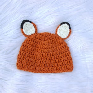 May include: Orange crocheted hat with white and black fox ears.